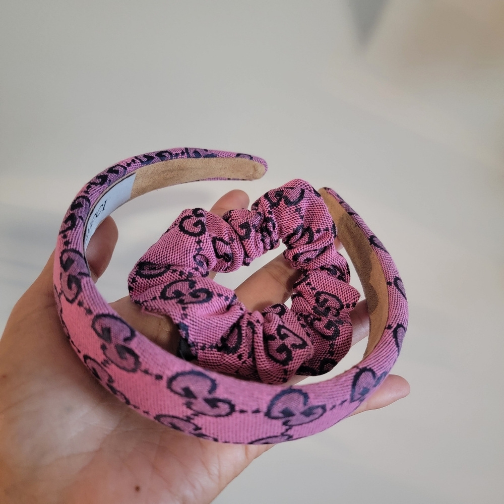 2pcs Pink Mono Patterned Headband and Scrunchie Hair Tie